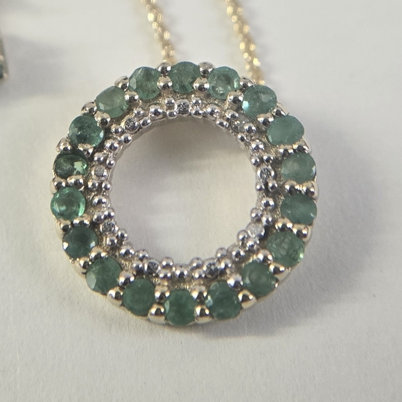Sterling Silver 925 Gold Genuine Emerald Diamond Cut Necklace and Earrings - Picture 11 of 12